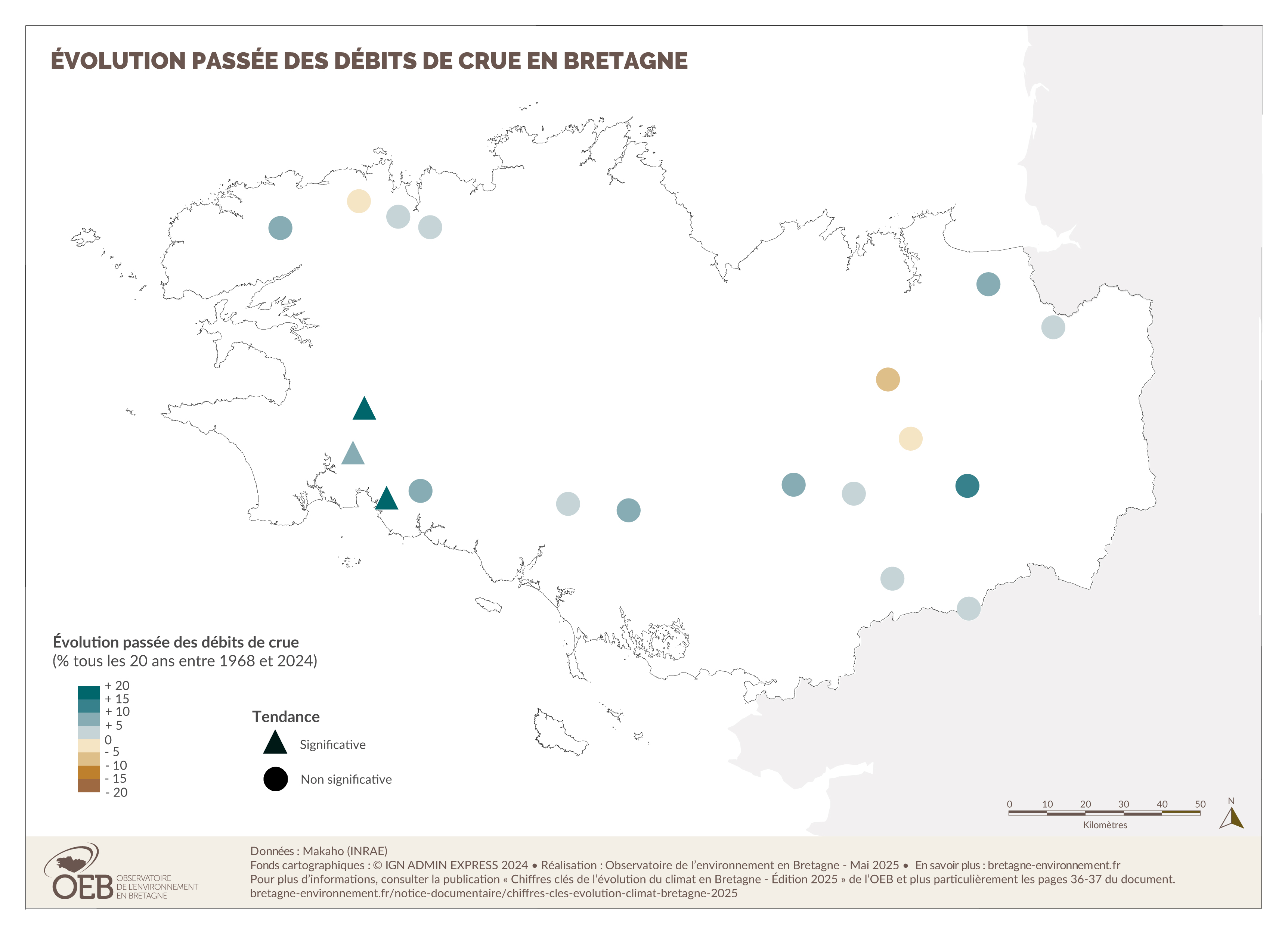 Évolution passée des débits de crue entre 1968 et 2024 en Bretagne