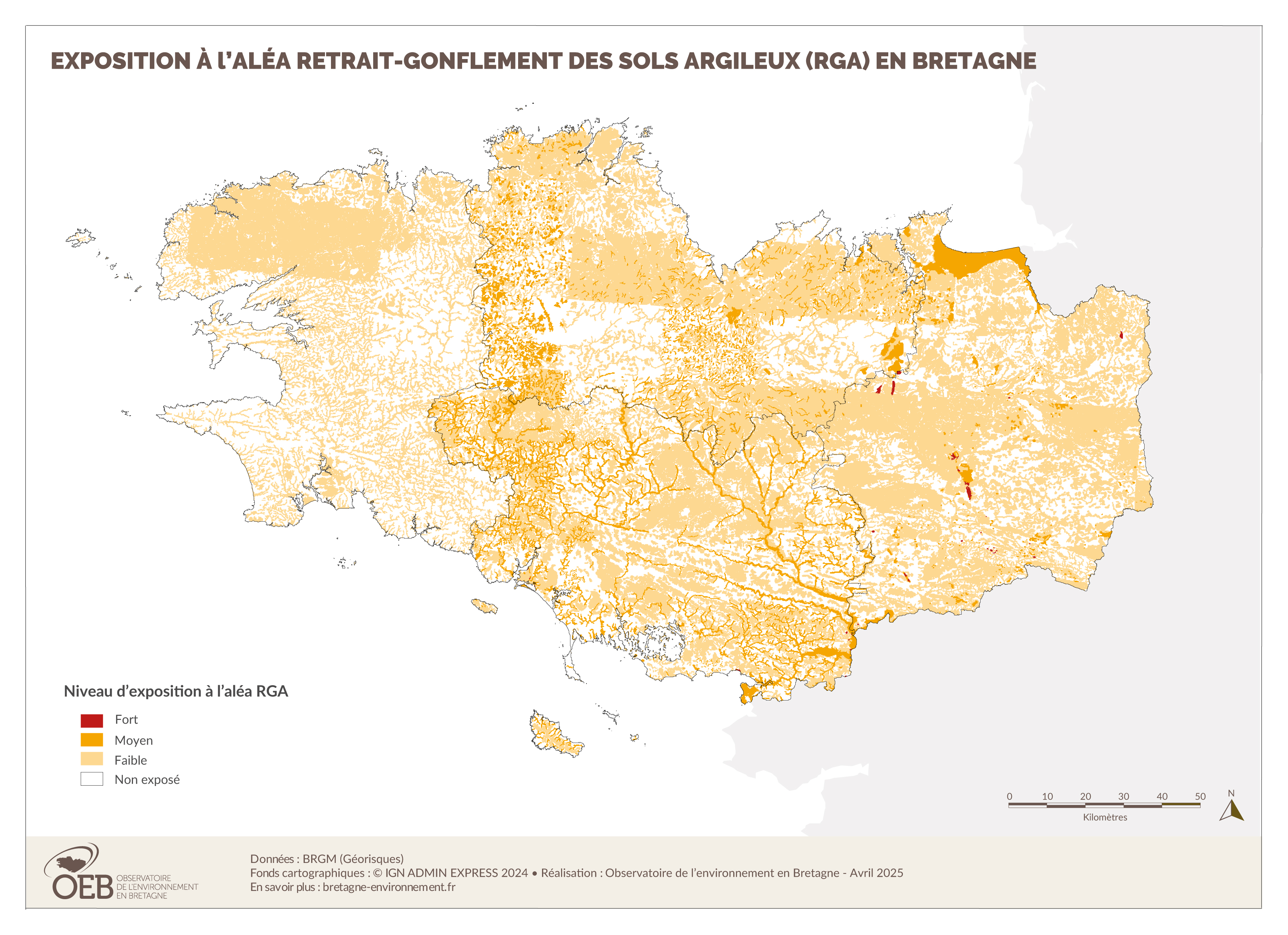 Carte d'exposition à l'aléa retrait gonflement des sols argileux (RGA) en Bretagne