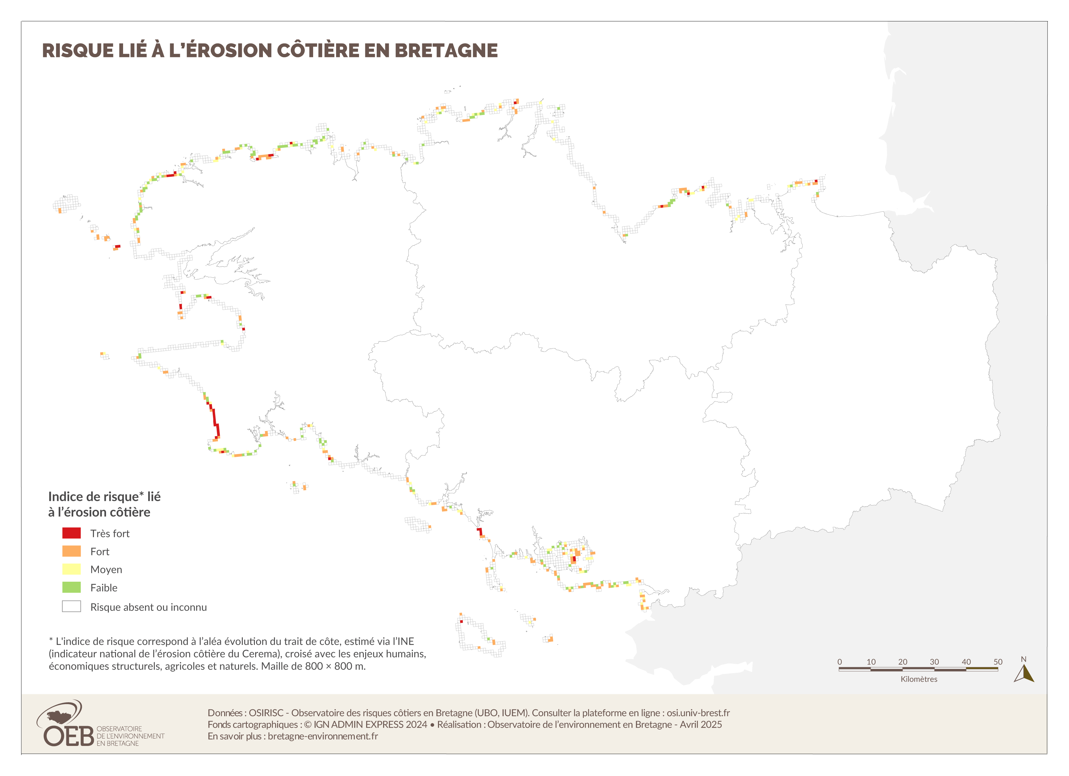 Carte de l'indice de risque de l'érosion côtière en Bretagne