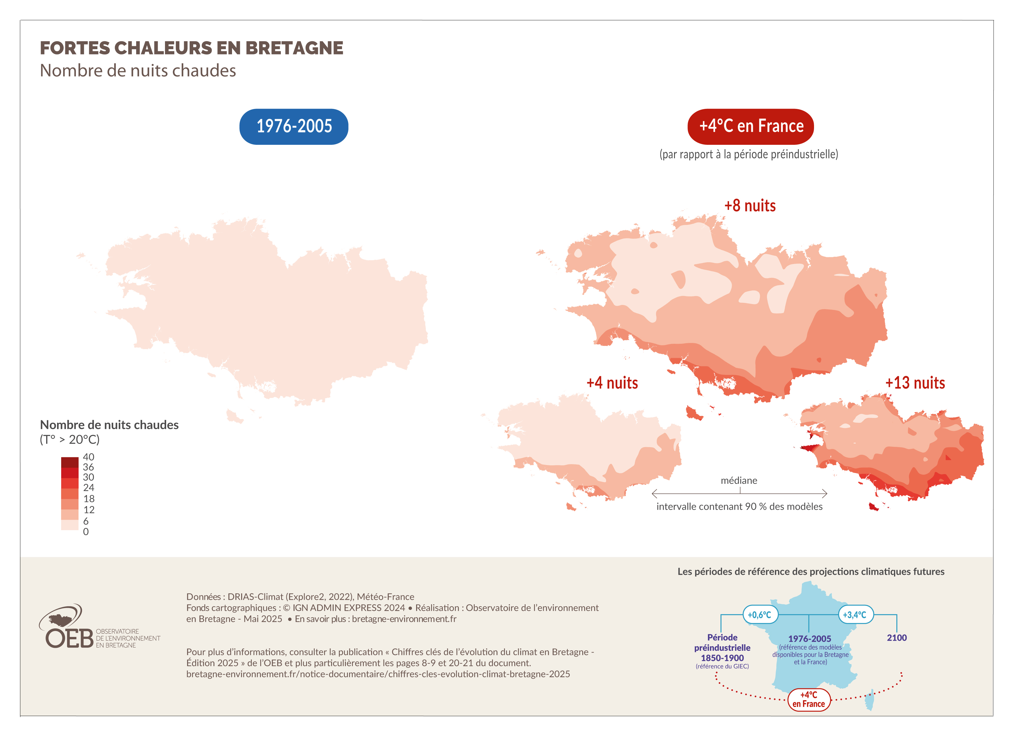 Carte du nombre de nuits chaudes en Bretagne dans une France à +4°C