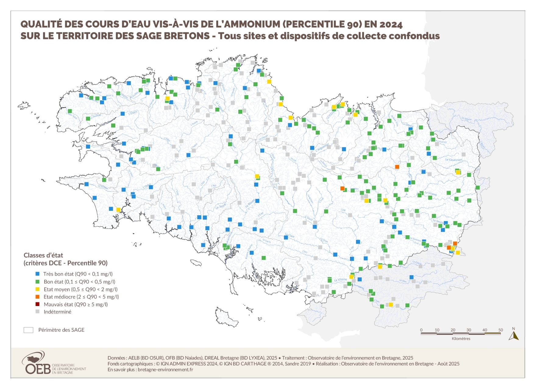 Qualité des cours d'eau bretons vis-à-vis de l'ammonium (Q90) en 2024
