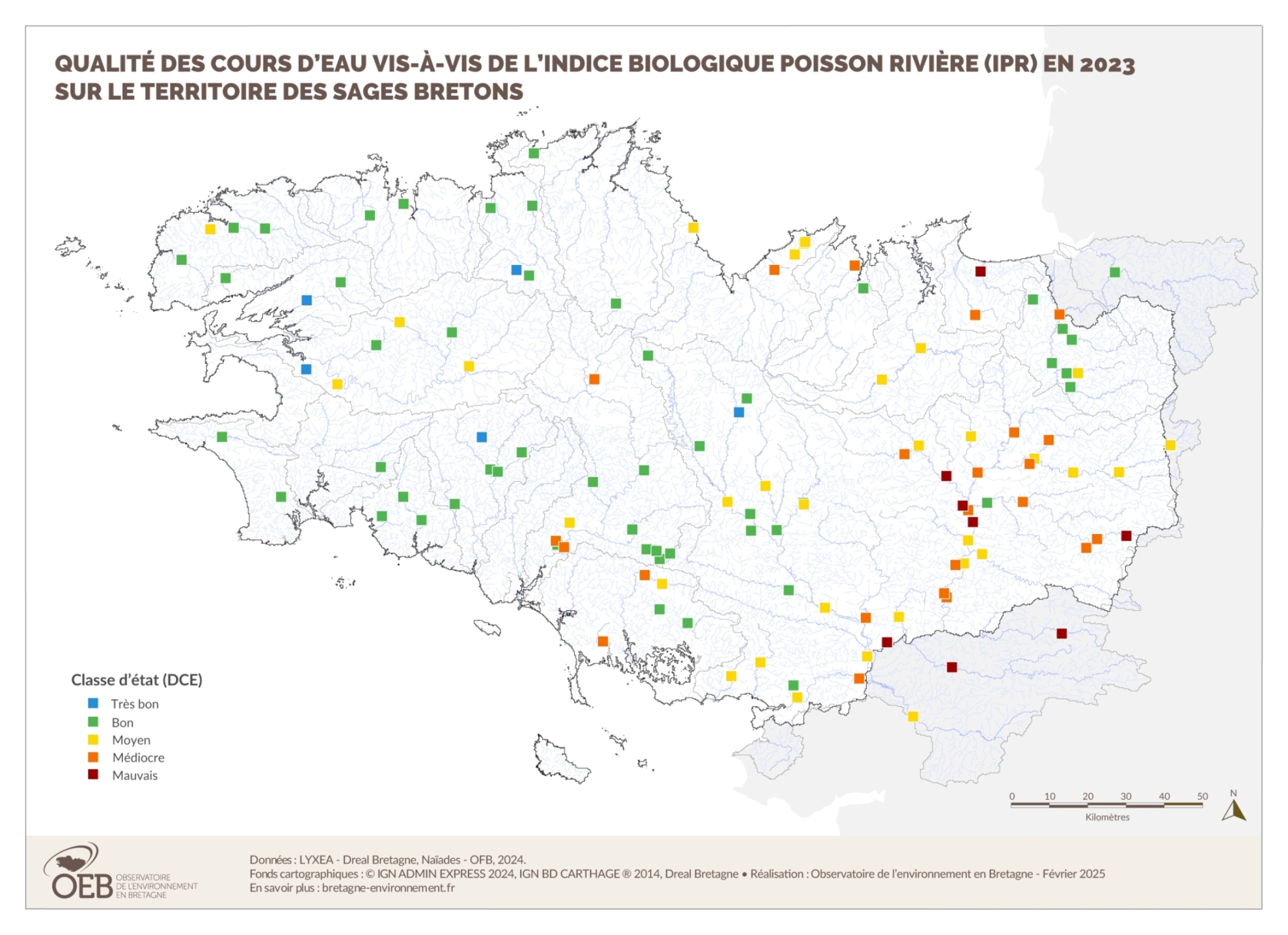 Qualité des cours d'eau bretons vis-à-vis de l'indice poissons (IPR) en 2023