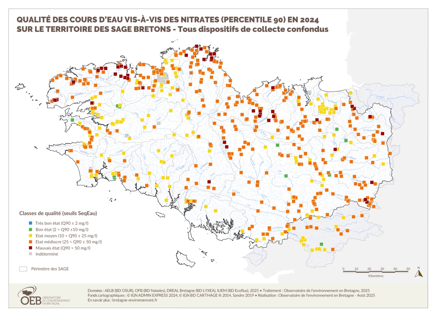 Qualité des cours d'eau bretons vis-à-vis des nitrates (Q90) en 2024
