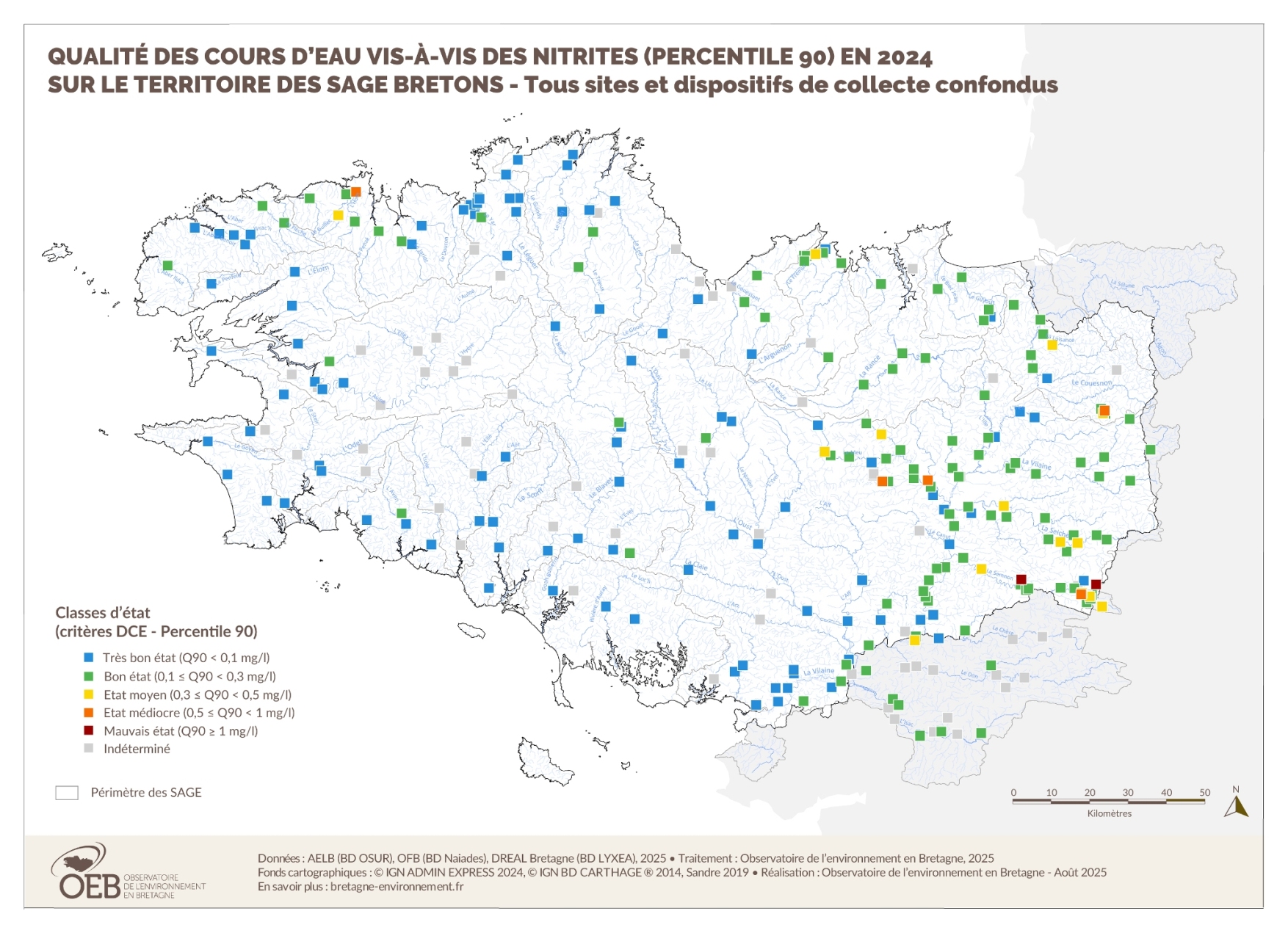 Qualité des cours d'eau bretons vis-à-vis des nitrites (Q90) en 2024
