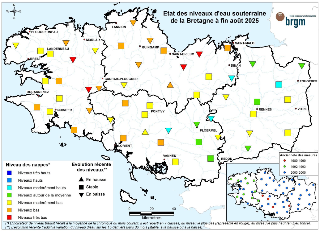 Etat des nappes d'eau souterraine de la Bretagne à fin août 2025