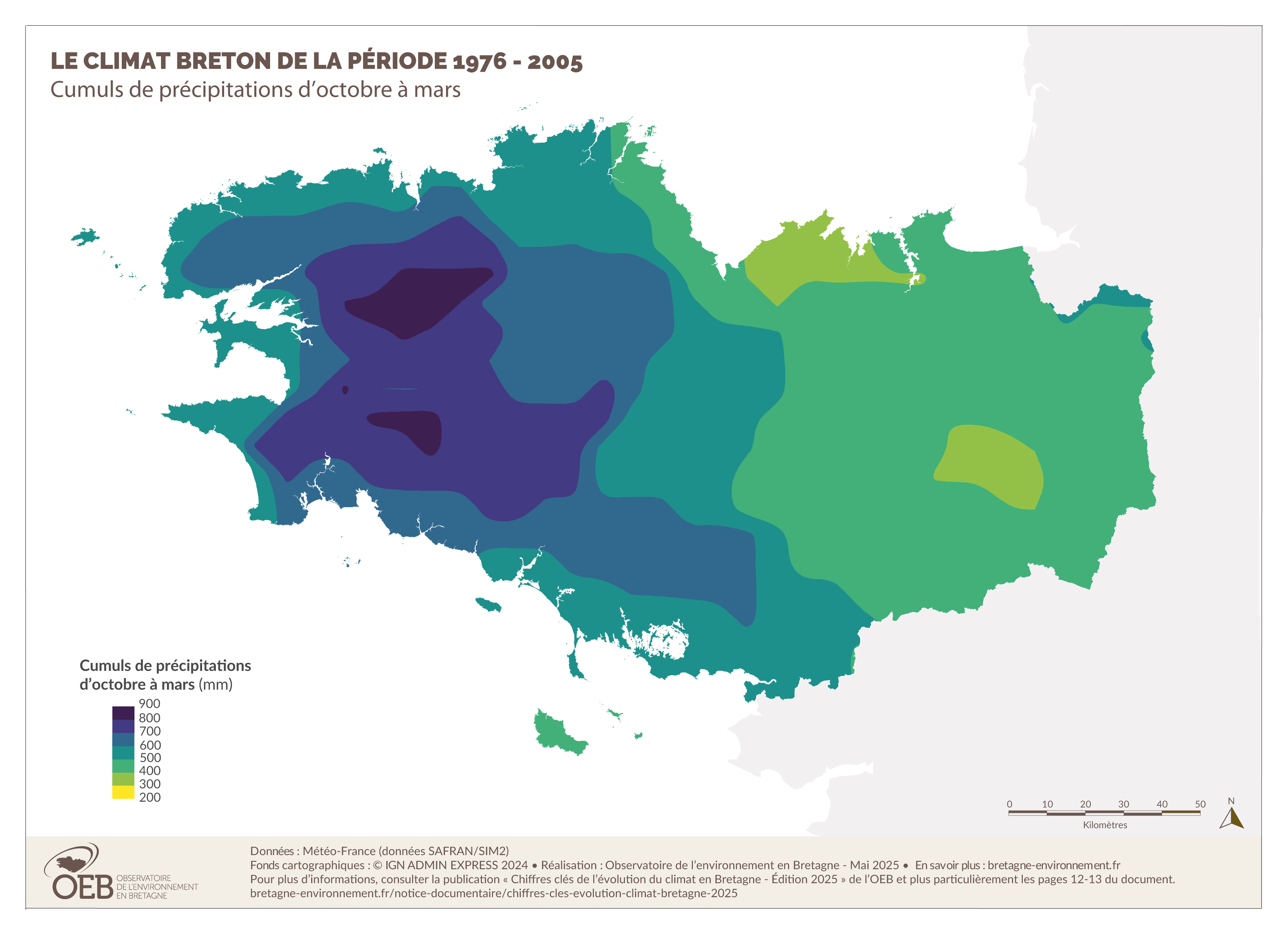 Le climat breton de la période 1976-2005 - Cumuls de précipitations d'octobre à mars