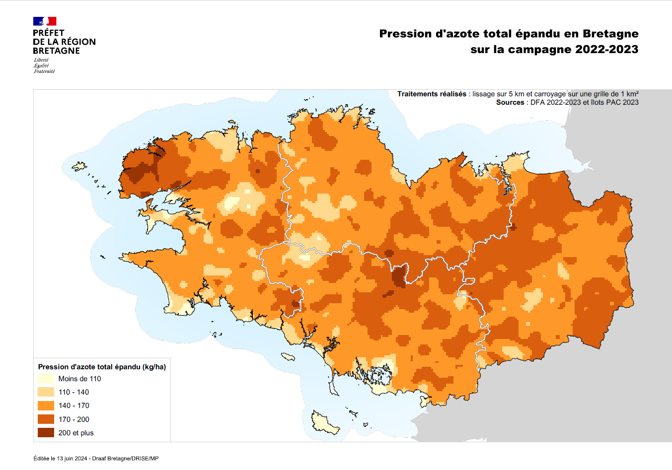 Carte de la pression d'azote épendu en Bretagne en 2022-2023