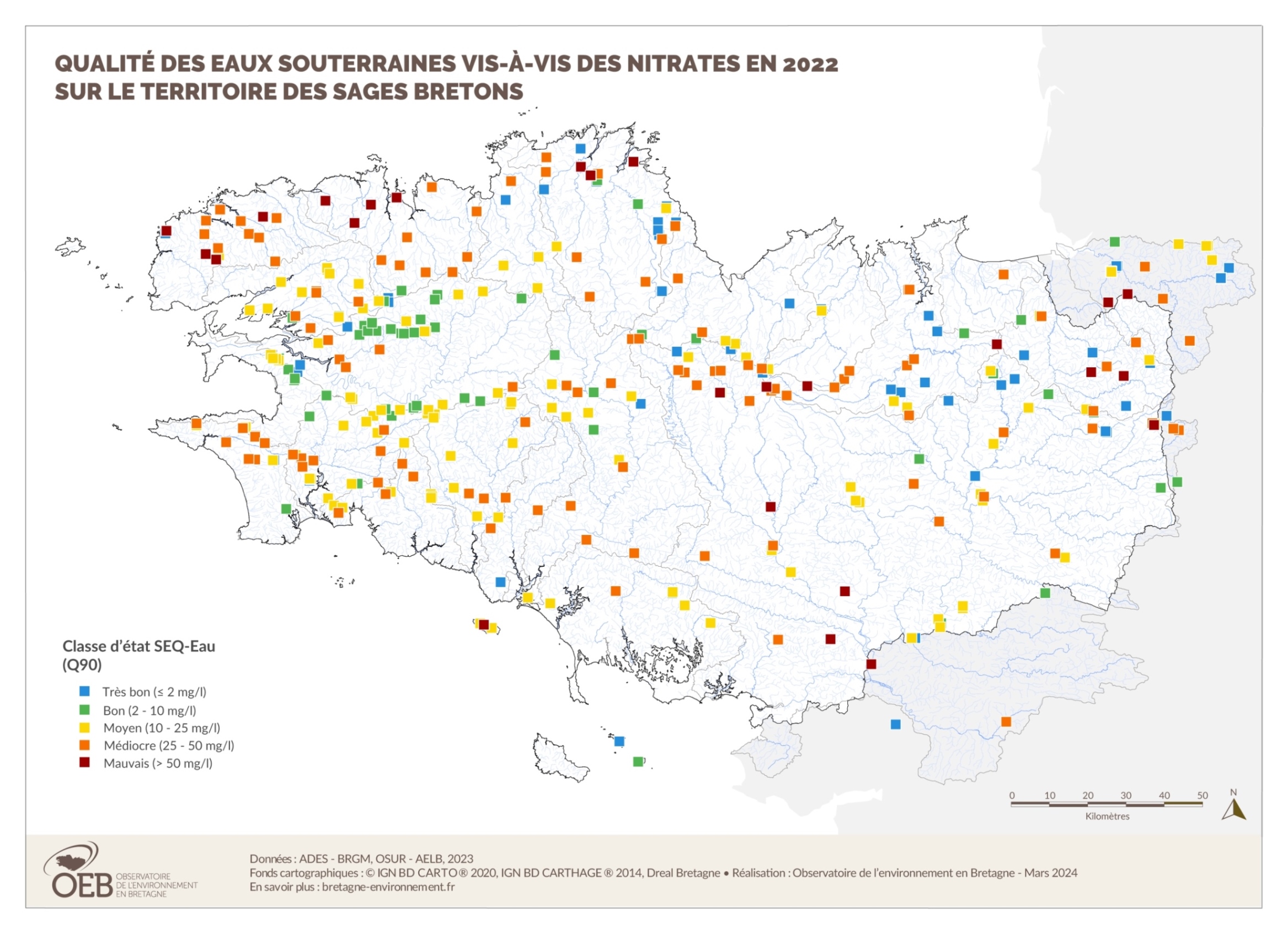 Carte Nitrates - Qualité des eaux souterraines bretonnes 