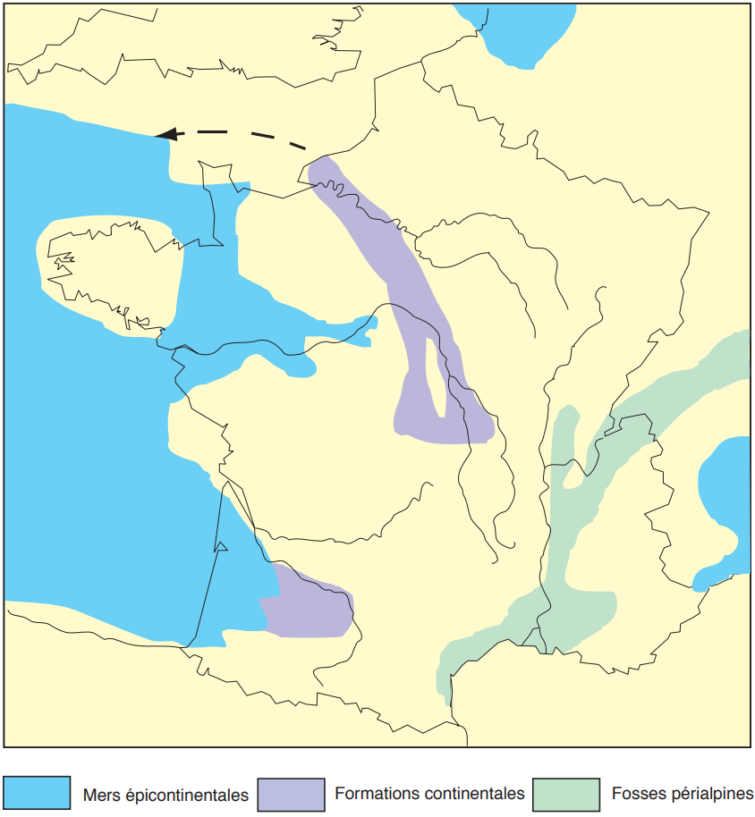 La France au Miocène (à partir de Keith et al. 2011 et adapté de Pomerol, 1973, 1982 et Banarescu, 1990).