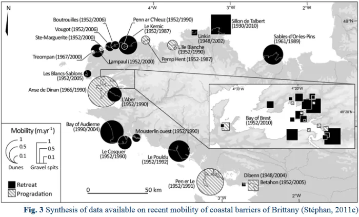 Carte Recul et avancée des cordons de galets en Bretagne