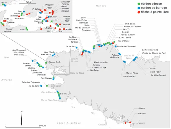 Carte Localisation des cordons et flèches de galets en Bretagne