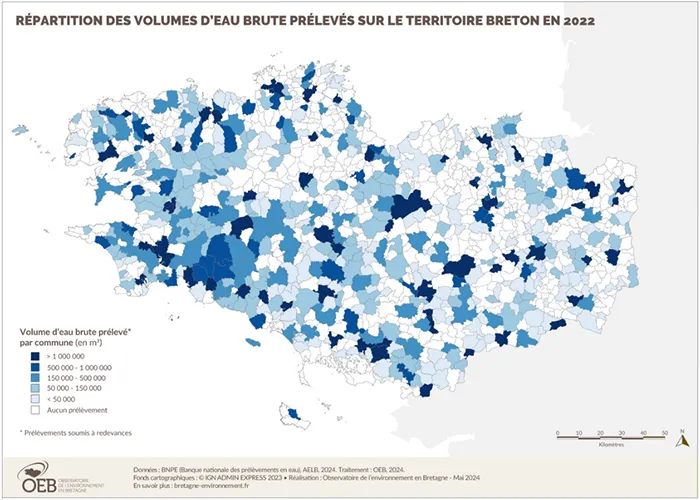 Carte : réparition des volumes d'eau brute prélevés sur le territoire breton en 2022
