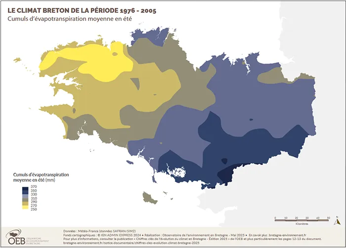 Le climat breton de la période 1976-2005 - Cumuls d'évapotranspiration moyenne en été