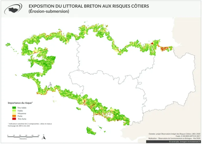 Carte Exposition du littoral breton aux risques côtiers