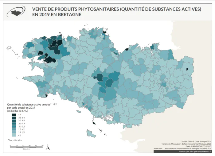 Carte Vente de produits phytosanitaires (quantité de substances actives) en 2019 en Bretagne